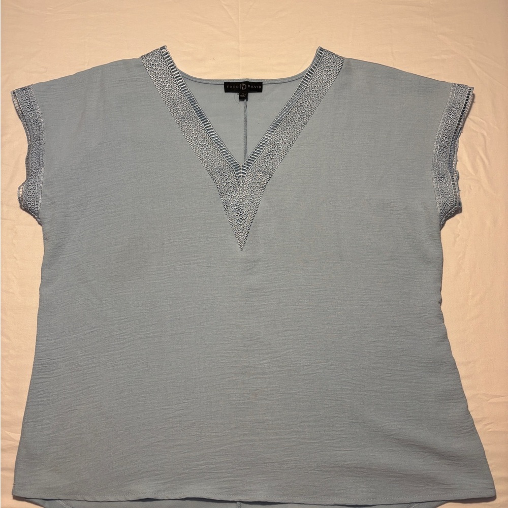Fred David Light Blue V-Neck Blouse with Lace Detail